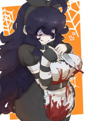  1girl @_@ absurdres ahoge alternate_breast_size_(larger) apron arm_warmers bags_under_eyes black_bow black_dress blood blood_on_clothes blood_on_knife blood_on_weapon bow bow_headband commentary dress english_commentary frilled_apron frills hairband halloween heart hex_maniac_(pokemon) hex_maniac_(pokemon_xy) highres holding holding_knife holding_weapon jaguarsee kitchen_knife knife long_hair looking_at_viewer messy_hair orange_background partially_shaded_face pokemon pokemon_xy puffy_short_sleeves puffy_sleeves reverse_grip short_sleeves silk smile spider_web striped_arm_warmers waist_apron wavy_mouth weapon white_apron 