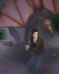 1boy 2019 animal bird bird_wings black_hair brown_jacket bush harry_mason holding holding_weapon jeans konami koumori lead_pipe male male_focus male_only pipe pixiv silent_hill silent_hill_(series) silent_hill_1