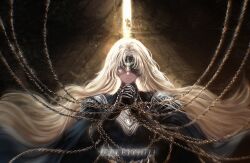  1girl armor black_gloves black_robe breastplate cassie_(shadow_slave) chain crack_of_light curtained_hair gloves glowing glowing_hair highres illithii long_hair looking_at_viewer one_eye_covered own_hands_clasped own_hands_together robe shadow_slave shoulder_armor solo upper_body very_long_hair white_eyes 