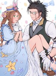  1boy 1girl aerith_gainsborough aerith_gainsborough_(classic_coney) animal_ears black_hair black_vest blue_bow blue_bowtie blue_dress blue_eyes blush bow bowtie braid braided_ponytail brown_hair brown_shoes collared_shirt commentary_request cross_scar dress dress_flower earrings easter easter_egg egg final_fantasy final_fantasy_vii final_fantasy_vii:_ever_crisis flower frilled_dress frills gloves green_eyes hair_flower hair_ornament hat jewelry linono long_hair looking_at_another mini_hat monocle official_alternate_costume parted_bangs parted_lips ponytail rabbit_ears scar scar_on_cheek scar_on_face shirt shoes sleeves_rolled_up socks spiky_hair stud_earrings vest white_gloves white_shirt white_socks yellow_flower zack_fair zack_fair_(bunny_butler) 