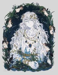  1boy 1girl ancient_greek_clothes angel belt bird black_bird black_hair black_halo black_wings blue_bird blue_eyes blue_gemstone blush border bracelet branch broken_halo closed_eyes collarbone colored_eyelashes colored_skin curly_hair degrees_of_lewdity dress egret_(animal) empty_eyes fallen_angel feathered_wings floral_border flower flying gem gold_bracelet gold_necklace grass great_blue_heron greco-roman_clothes hair_between_eyes hair_flower hair_ornament halo harp head_tilt headband heron highres holding holding_instrument holding_lyre holding_trumpet in_water instrument ivory_wraith jewelry lenereco light_frown lily_of_the_valley lily_pad long_dress long_sleeves looking_at_viewer lotus lyre multiple_bracelets music necklace ornate_border partially_submerged peplos pink_flower plant player_character_(degrees_of_lewdity) player_character_(female)_(degrees_of_lewdity) playing_instrument pond purple_flower red_gemstone sidelocks thick_eyebrows trumpet twitter_username water wet wet_clothes white_bird white_dress white_eyelashes white_flower white_hair white_skin wide_sleeves wings yellow_headband 