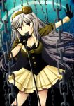  breasts chain chains choker cleavage double_bogey gloves grey_hair hairband highres idolmaster large_breasts long_hair microphone microphone_stand pleated_skirt red_eyes shijou_takane skirt solo 