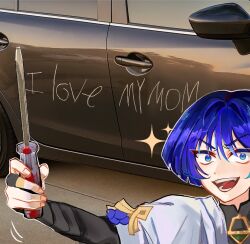  1boy armor black_bodysuit black_bridal_gauntlets blue_eyes blue_hair blunt_ends bodysuit bridal_gauntlets car commentary english_commentary english_text fingernails frown furrowed_brow genshin_impact highres holding holding_screwdriver japanese_armor japanese_clothes kimono kote kurokote looking_at_viewer male_focus mandarin_collar motor_vehicle open_mouth outstretched_arm purple_rope rope scaramouche_(genshin_impact) screwdriver short_sleeves solo sparkle teeth tongue tsurime vandalism viviwi wanderer_(genshin_impact) white_kimono white_sleeves wide-eyed wispy_bangs 