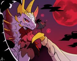  1boy 1other arthropod_boy bug bug_(silkworm_hnw) cape clouds commentary dark_cloud dragon dragon_horns dragon_wings grey_cloak grimm_(hollow_knight) hollow_knight horns malzeno_(monster_hunter) monster_hunter_(series) monster_hunter_rise moon no_humans red_eyes red_moon size_difference talons wings 