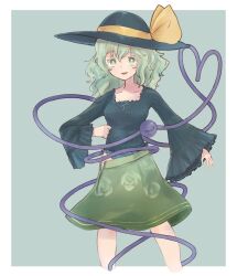  1girl black_hat black_panties black_shirt bow check_commentary collarbone commentary_request floral_print frilled_shirt frills green_eyes green_hair green_skirt hat hat_bow hat_ribbon highres karua_m komeiji_koishi looking_at_viewer medium_hair open_clothes open_shirt panties panty_peek partially_undressed print_skirt ribbon rose_print shirt skirt smile solo square_neckline third_eye touhou underwear undressing unzipped yellow_bow yellow_ribbon 