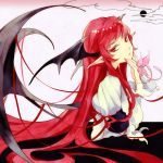  bat_wings black_moon colored_eyelashes eyelashes flower full_moon head_wings koakuma long_hair moon pointy_ears red_eyes red_hair redhead siting_zeng solo the_embodiment_of_scarlet_devil touhou tsurime wings 