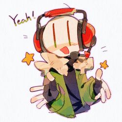  1boy :d absurdres bald black_gloves black_sweater blush charles_calvin chinese_commentary colored_skin commentary_request cropped_torso english_text film_grain fingerless_gloves fur-trimmed_jacket fur_trim gloves green_eyes green_jacket grey_background headset henry_stickmin_(series) highres jacket long_sleeves looking_at_viewer male_focus muchuizzzzz nose_blush open_clothes open_jacket open_mouth outline pink_outline procreate_(medium) puffy_long_sleeves puffy_sleeves reaching reaching_towards_viewer simple_background smile solo star_(symbol) sweater turtleneck turtleneck_sweater white_skin |_| 