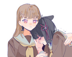  2girls :| animal_ears black_bow black_hair bow braid brown_hair center-flap_bangs closed_eyes closed_mouth commentary flower flower_knot fox_ears hair_bow hair_flower hair_ornament hand_on_another's_back hasu_no_sora_school_uniform head_on_another's_shoulder highres kachimachi_kosuzu kemonomimi_mode link!_like!_love_live! long_hair love_live! momose_ginko multiple_girls pink_eyes pipi_(m1x_mix) school_uniform side_braids trembling virtual_youtuber winter_uniform 