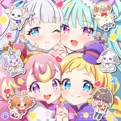 1boy 4girls blonde_hair blue_eyes blue_hair blunt_bangs bow braid brown_outline cat cheek-to-cheek chibi closed_mouth commentary_request crown crown_earrings cure_friendy cure_lillian cure_nyammy cure_wonderful dog dress earrings english_text eyelashes hair_bow hairband hat heads_together heart holding_hands inukai_iroha inukai_komugi inukai_komugi_(dog) jewelry light_blush light_smile long_hair looking_at_viewer magical_girl mehmeh_(wonderful_precure!) mini_hat multicolored_hair multiple_girls nekoyashiki_mayu nekoyashiki_yuki nekoyashiki_yuki_(cat) newsboy_cap nico-sama one_eye_closed open_mouth outline paw_print pink_eyes pink_hair precure puffy_short_sleeves puffy_sleeves rabbit sheep short_bangs short_sleeves side_ponytail signature smile split_mouth star_(symbol) straight_hair tareme toyama_daifuku toyama_daifuku_(rabbit) toyama_satoru twin_braids twitter_username two-tone_hair two_side_up unicorn upper_body violet_eyes watermark wavy_hair white_hair white_outline wonderful_precure! yellow_pupils yukinko_(yukiwork)