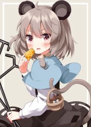  1girl animal_ears basket bishamonten's_pagoda black_skirt blue_capelet blush capelet cheese commentary_request cowboy_shot dowsing_rod food grey_hair hand_up highres holding holding_food long_sleeves looking_at_viewer mouse_(animal) mouse_ears mouse_tail nazrin open_mouth prehensile_tail red_eyes ruu_(tksymkw) shirt short_hair skirt solo tail touhou white_shirt 