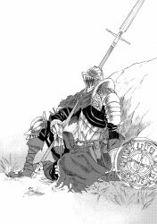  1boy 913kousatu absurdres armor boots bradley_of_the_old_guard commentary_request dark_souls_(series) dark_souls_ii full_armor full_body greyscale helm helmet highres knee_armor knight male_focus monochrome pants pauldrons polearm shield shirt shoulder_armor sitting solo spear weapon 