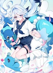 3others anko_(kimt140n) beads black_shorts blue_eyes blue_hair blue_neckerchief blush brionne crossover drill_hair furina_(genshin_impact) genshin_impact hair_between_eyes heterochromia highres long_hair multicolored_hair multiple_others neckerchief pokemon popplio primarina shirt shorts streaked_hair symbol-shaped_pupils thigh-highs white_hair white_shirt white_thighhighs
