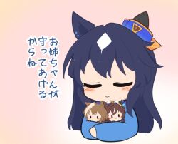  3girls :3 animal_ears blue_hair blue_shirt blush brown_hair cheval_grand_(umamusume) chibi chibi_only closed_eyes closed_mouth commentary_request cropped_torso ear_covers gomashio_(goma_feet) hat holding holding_mini_person horse_ears horse_girl long_hair long_sleeves mini_person minigirl multicolored_hair multiple_girls pink_background shirt short_hair siblings sisters smile translation_request two-tone_hair umamusume v_sisters verxina_(umamusume) vivlos_(umamusume) white_hair white_hat |_| 