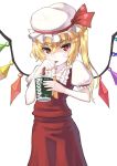  absurdres ascot bad_id blonde_hair blood cup drinking drinking_blood flandre_scarlet frown hat highres mofu pout red_eyes short_hair side_ponytail simple_background slit_pupils solo straw the_embodiment_of_scarlet_devil touhou vampire wings 