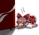  all_fours ascot boooo-im bow brown_hair check_translation coin detached_sleeves hair_bow hair_ornament hair_tubes hakurei_reimu miko pink_eyes poverty solo touhou translated vending_machine 
