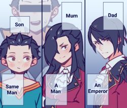  3boys aged_down ascot black_hair blush brown_eyes censored censored_identity child closed_mouth commentary crossdressing crossdressing_(mtf) english_commentary english_text father_and_son hair_over_one_eye hair_slicked_back implied_yaoi jacket long_hair long_sleeves looking_at_viewer male_focus meme multiple_boys natsuki_subaru natsumi_schwarz re:zero_kara_hajimeru_isekai_seikatsu red_eyes red_jacket shirt short_hair slothfulonie smile sweatdrop time_paradox upper_body vincent_vollachia white_ascot 