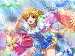  1girl bead_bracelet beads blue_dress blue_shoes bow bowtie bracelet daiba_nana dress game_cg green_eyes jewelry kimi_no_kokoro_wa_kagayaiteru_kai? looking_at_viewer love_live! love_live!_sunshine!! mary_janes official_art open_mouth puffy_short_sleeves puffy_sleeves purple_bow shoes short_hair short_sleeves shoujo_kageki_revue_starlight shoujo_kageki_revue_starlight_-re_live- socks solo speaker stage stage_lights standing standing_on_one_leg two_side_up upper_body white_socks yellow_bow yellow_bowtie 
