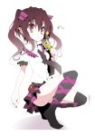  :&lt; black_legwear black_thighhighs brown_hair cellphone himekaidou_hatate looking_at_viewer phone pointy_ears red_eyes short_hair simple_background solo sparkle squatting thigh-highs thighhighs touhou twintails usotsukiya 