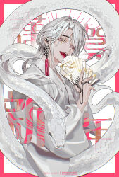  1boy bishounen border chinese_zodiac commentary_request ear_piercing earrings fangs folding_fan forked_tongue hand_fan hand_up happy_new_year highres holding holding_fan japanese_clothes jewelry kimono long_hair long_sleeves looking_at_viewer low_ponytail male_focus manomenou new_year open_mouth original outside_border piercing pink_eyes ponytail red_border ring scar scar_across_eye scar_on_face slit_pupils smile snake snake_earrings solo tassel tassel_earrings teeth tongue tongue_out twitter_username upper_body white_hair white_kimono white_scales white_snake wide_sleeves year_of_the_snake 