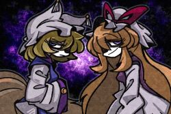  2girls animal_ears blonde_hair blue_eyes breasts closed_mouth commentary dress empty_eyes eyelashes fox_ears fox_girl fox_tail hair_over_one_eye half-closed_eye hands_in_opposite_sleeves hat hat_ribbon long_hair long_sleeves looking_at_viewer mandarin_collar medium_breasts mob_cap multiple_girls multiple_tails ofuda ofuda_on_clothes orange_hair purple_tabard red_ribbon ribbon short_hair sidelocks smile standing star_(sky) starry_sky_background suenari_(peace) symbol-only_commentary tabard tail touhou v-shaped_eyebrows very_long_hair violet_eyes wavy_hair white_dress white_hat wide_sleeves yakumo_ran yakumo_yukari 