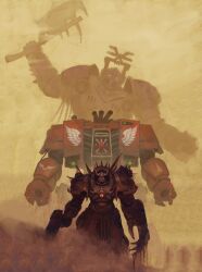  3boys absurdres adeptus_astartes armor axe battle_axe blood blood_angels blood_on_weapon bolter breastplate chain chain_axe chaos_(warhammer) chaos_space_marine clawed_gauntlets commentary day dreadnought_(warhammer_40k) dust dust_cloud english_commentary exhaust exhaust_pipe eyes_of_horus_(warhammer_40k) fake_horns from_behind full_armor gauntlets glowing glowing_eyes gun helmet highres holding holding_axe holding_weapon horned_helmet horns imperium_of_man looking_at_viewer mecha multiple_boys outdoors pauldrons power_armor red_eyes robot science_fiction shoulder_armor sign_of_khorne solo spiked_armor spikes terminator_armor thefearmaster warhammer_40k weapon 