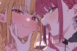  2girls :i black_choker blonde_hair blush bow bow_earrings braid cheek_squash choker close-up closed_mouth commentary_request dark-skinned_female dark_elf dark_skin earrings elf face-to-face face_squeeze fingernails forehead-to-forehead grabbing_another's_face hair_behind_ear hair_between_eyes hand_on_another's_face head_grab heads_together heart heart_earrings highres hololive houshou_marine jewelry long_hair looking_at_viewer multicolored_hair multiple_girls nail_polish open_mouth pink_nails pointy_ears red_eyes red_hair shino_12a shiranui_flare side-by-side sidelocks squeezing_cheeks squishing streaked_hair teeth twin_braids two-tone_hair upper_teeth_only virtual_youtuber white_hair 