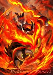  black_fur boar claws closed_mouth colored_skin commentary_request emboar fangs fire flaming_weapon holding holding_staff looking_at_viewer mega_emboar mega_pokemon nanami_lusia no_humans orange_fur pokemon pokemon_(creature) pokemon_focus pokemon_legends:_z-a red_eyes sharp_teeth staff teeth tusks weapon 