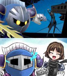  1girl armor biker_clothes bikesuit bodysuit brown_hair closed_eyes galaxia_(sword) game_screenshot_inset gloves grey_mask highres kicdon kirby_(series) mask meta_knight metal_mask niijima_makoto pauldrons persona persona_5 queen_(persona_5) short_hair shoulder_armor shoulder_spikes spikes stretching super_smash_bros. trait_connection white_gloves 