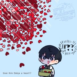  !? 1boy :d black_eyes black_hair black_shirt box coat collared_shirt commentary double-parted_bangs english_commentary english_text full_body hair_between_eyes heart highres holding holding_box kim_dokja kimidori_22 like_and_retweet male_focus omniscient_reader's_viewpoint open_clothes open_coat partially_shaded_face popped_collar shirt short_hair smile solo standing sweatdrop too_many too_many_hearts white_coat 