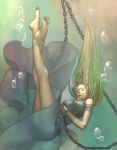  air_bubble barefoot blonde_hair bubble chain chained dress esukee feet long_hair original solo underwater 