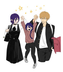  1boy 2girls blonde_hair buttons chainsaw_man collared_shirt denji_(chainsaw_man) dress fourth_east_high_school_uniform green_eyes hair_between_eyes hair_bun highres long_hair_between_eyes multiple_girls nayuta_(chainsaw_man) pants pinafore_dress purple_hair reze_(chainsaw_man) school_uniform shirt shirt_tucked_in single_hair_bun sleeveless sleeveless_dress white_shirt 