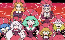 6+girls ahoge black_halo blonde_hair blue_hair blush breasts commentary cosplay demon_girl demon_horns english_commentary fangs green_eyes green_hair halo highres hina_(blue_archive) hina_(hunter_x_hunter) hina_(one_piece) hinaichigo horns hunter_x_hunter kagiyama_hina kagiyama_hina_(cosplay) kawashiro_nitori kevin_arthur long_hair looking_at_viewer love_hina multiple_girls name_connection narusegawa_naru open_mouth orange_hair pink_hair rozen_maiden small_breasts touhou very_long_hair violet_eyes white_hair 