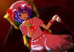  anime_coloring bad_id bat_wings blood chair cup dutch_angle finger_to_mouth hat highres looking_at_viewer marie_no13 pointy_ears purple_hair red_eyes remilia_scarlet short_hair sitting solo spilling tea teacup touhou twilight wings 