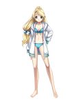  absurdres alternate_costume aqua_eyes atelier atelier_(series) atelier_marie_alchemist_of_salburg bangs barefoot bikini blonde_hair blue_bikini breasts cleavage cross_edge earrings feet front-tie_top green_eyes gust hair_bobbles hair_ornament highres hirano_katsuyuki hoodie jacket jewelry legs long_hair low-tied_long_hair marie_(atelier) marlone navel official_art open_clothes open_jacket parted_bangs ponytail quad_tails simple_background smile solo standing striped striped_bikini striped_swimsuit swimsuit swimsuit_under_clothes unzipped white_background zipper 