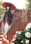  black_eyes black_hair camellia_(flower) flower japanese_clothes kimono long_hair mmk0305 oriental_umbrella original snow solo stairs umbrella 