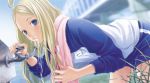  absurdres arakawa_under_the_bridge artist_request bent_over blonde_hair blue_eyes bridge brushing_teeth empty_eyes faucet grass highres leaning leaning_forward long_hair looking_at_viewer mino_tarou nino_(arakawa) open_mouth shorts sleeves_pushed_up solo source_request toothbrush towel track_jacket water 