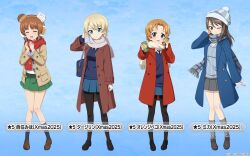  4girls adjusting_hair animal_ears bag beanie black_necktie black_pantyhose black_shoes black_socks blonde_hair blue_background blue_coat blue_eyes blue_skirt blue_sweater blush braid breasts brown_coat brown_eyes brown_hair brown_shoes can character_name closed_eyes coat commentary_request darjeeling_(girls_und_panzer) earmuffs fake_animal_ears full_body girls_und_panzer girls_und_panzer_senshadou_daisakusen! gradient_background green_skirt grey_scarf grey_shoes grey_socks grey_sweater hair_between_eyes hat highres holding holding_can keizoku_school_uniform legs long_sleeves looking_at_viewer medium_hair mika_(girls_und_panzer) miniskirt multiple_girls necktie nishizumi_miho official_art one_eye_closed ooarai_school_uniform open_mouth orange_hair orange_pekoe_(girls_und_panzer) pantyhose plaid_clothes plaid_scarf pleated_skirt pom_pom_(clothes) pom_pom_beanie red_coat red_scarf scarf school_bag school_uniform shirt shoes short_hair skirt smile socks st._gloriana's_school_uniform standing sweater thighs translated v-neck vertical-striped_hat vertical-striped_sweater white_shirt yellow_scarf 