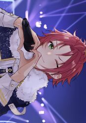  1boy bangs_pinned_back closed_eyes commentary_request ensemble_stars! fur_trim green_eyes hands_up heart heart_hands highres holding holding_microphone isara_mao long_sleeves looking_at_viewer male_focus microphone one_eye_closed purple_hair rii_(rii_t93) short_hair sideways smile solo upper_body 