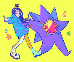  1girl ;) black_hair blue_hoodie blush_stickers chueog closed_mouth happy hashtag-only_commentary hood hood_down hoodie index_finger_raised leggings lida_(pokemon) long_hair long_sleeves looking_at_viewer mega_starmie one_eye_closed pokemon pokemon_(creature) pokemon_legends:_z-a ribbed_socks shoes single_blush_sticker smile socks spread_fingers star_(symbol) starmie tassel white_shoes white_socks yellow_background 