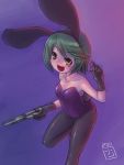  @shton brown_eyes bunny_ears bunnysuit gloves green_hair gun handgun original pantyhose revolver short_hair solo weapon 