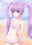  arm_hug bad_id beach bikini blue_background breasts cleavage face flat_chest hime_cut kyuri long_hair navel orange_background purple_eyes purple_hair small_breasts smile solo sophie_(tales_of_graces) swimsuit tales_of_(series) tales_of_graces twintails violet_eyes white_bikini 