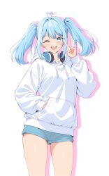  1girl ahoge aqua_shorts arahashi_tabi blue_eyes blue_hair chikoyzh commentary_request cowboy_shot double-parted_bangs drop_shadow hair_intakes hand_in_pocket hand_up headphones headphones_around_neck heart heart_ahoge highres hood hoodie korean_commentary long_sleeves looking_at_viewer medium_hair one_eye_closed open_mouth short_shorts shorts sidelocks simple_background smile solo standing stellive twintails v virtual_youtuber white_background white_hoodie 