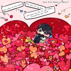  1boy black_eyes black_hair black_shirt box coat collared_shirt commentary curled_up double-parted_bangs english_commentary english_text full_body hair_between_eyes heart highres in_box in_container kim_dokja kimidori_22 like_and_retweet male_focus omniscient_reader's_viewpoint open_clothes open_coat popped_collar shirt short_hair solo standing too_many too_many_hearts white_coat 