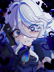  1girl ama_some_(kr0ri) asymmetrical_gloves black_gloves blue_eyes blue_hair brooch clenched_teeth commentary_request furina_(genshin_impact) genshin_impact gloves heart heart-shaped_pupils highres jewelry mismatched_gloves multicolored_hair short_hair solo streaked_hair symbol-shaped_pupils teeth upper_body white_gloves white_hair 