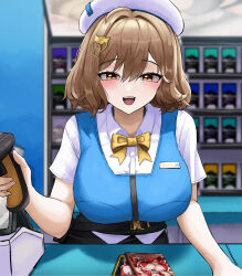  1girl absurdres alternate_costume anis_(nikke) barcode_scanner beret blue_vest blush breasts brown_eyes brown_hair cash_register cashier cat_hair_ornament collared_shirt commentary convenience_store counter employee_uniform english_commentary goddess_of_victory:_nikke hair_ornament hat highres holding holding_barcode_scanner large_breasts medium_hair name_tag open_mouth shelf shirt shop small_chair_(xiaosaiyi33818) solo store_clerk vest white_hat white_shirt yellow_box 