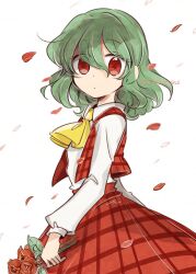  1girl :o ascot commentary_request expressionless flower from_side green_hair hair_between_eyes highres holding holding_flower kazami_yuuka long_sleeves looking_at_viewer medium_hair plaid_clothes plaid_skirt plaid_vest red_eyes red_flower red_petals red_rose red_skirt red_vest rose shirt skirt tama_(hiroshige_36) touhou twitter_username vest white_shirt yellow_ascot 