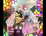  aiki_(merimerisan) bench black_rose black_rose_(flower) blouse blue_rose boots broken flower green_eyes green_hair hairband hand_holding hat hat_removed headwear_removed heart heart_of_string highres holding_hands komeiji_koishi komeiji_satori light_smile multiple_girls pink_eyes pink_hair red_rose rose siblings sisters sitting skirt sleeves_past_wrists smile stained_glass third_eye touhou 