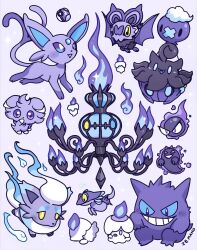 alternate_color black_eyes blue_eyes blue_sclera candle chandelure colored_sclera commentary dreepy drifloon espeon espurr fire full_body gastly gengar highres hisuian_zorua litwick mamobot master_ball no_humans noibat open_mouth poke_ball pokemon pokemon_(creature) pokemon_focus pokemon_tower_ghost pumpkaboo purple_background purple_fire purple_theme simple_background smile symbol-only_commentary violet_eyes yellow_eyes 