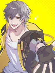  1boy black_gloves caelus_(honkai:_star_rail) commentary_request fingerless_gloves gloves grey_hair hair_between_eyes highres honkai:_star_rail honkai_(series) hood hood_down hooded_jacket icestar_9 jacket looking_at_viewer male_focus open_clothes open_jacket open_mouth outstretched_arm outstretched_hand shirt smile solo star_(symbol) teeth trailblazer_(honkai:_star_rail) upper_body upper_teeth_only white_shirt yellow_background yellow_eyes 