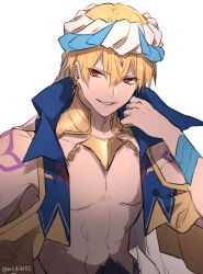  1boy abs blonde_hair commentary cropped_vest earrings fate/grand_order fate_(series) gilgamesh_(caster)_(fate) gilgamesh_(fate) hat highres jewelry male_focus navel red_eyes shoulder_tattoo smile solo tattoo tofu_(bean359) twitter_username upper_body vest white_hat 